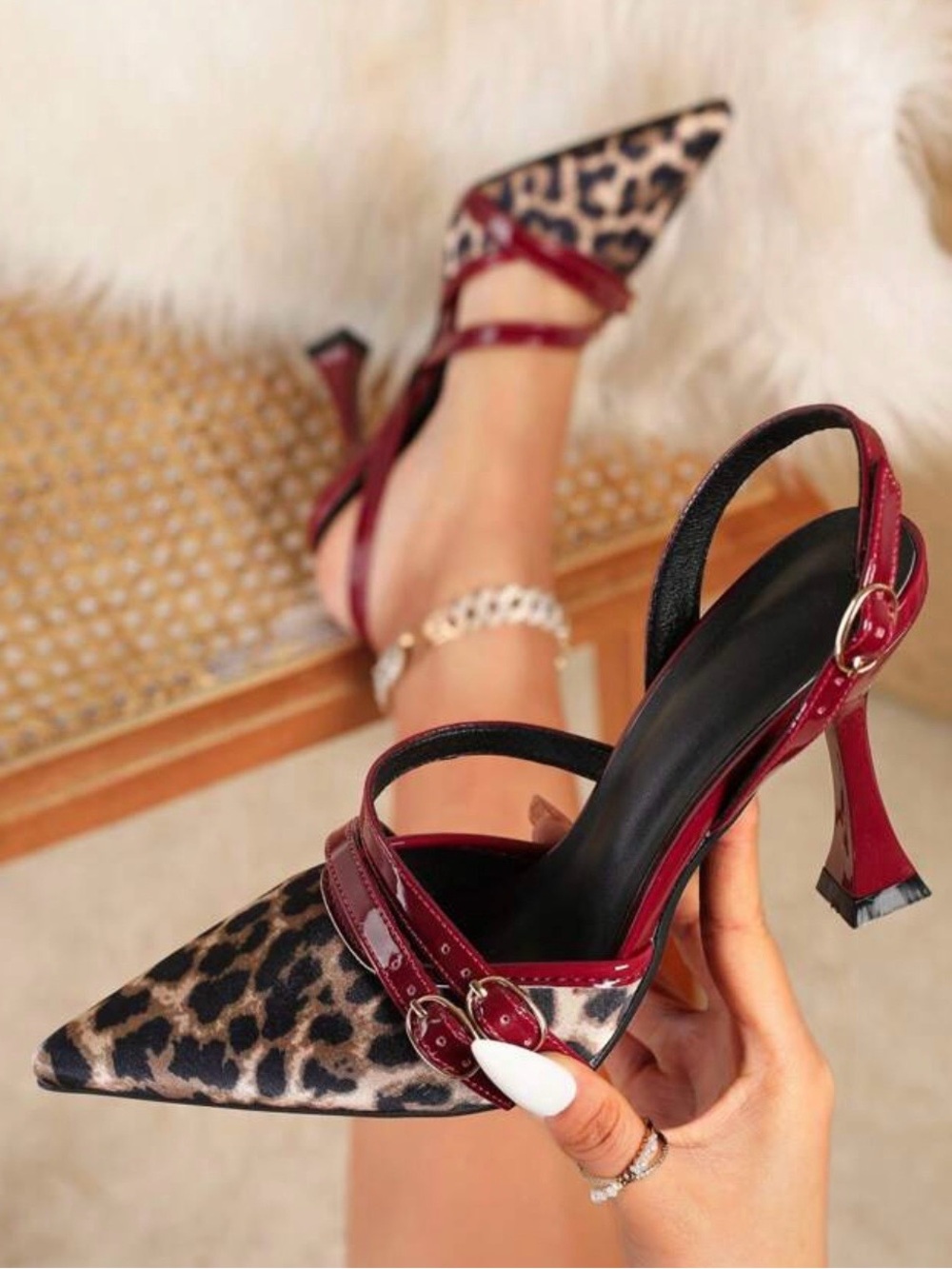 Leopard Print Pointed Slingback Heels in Burgundy